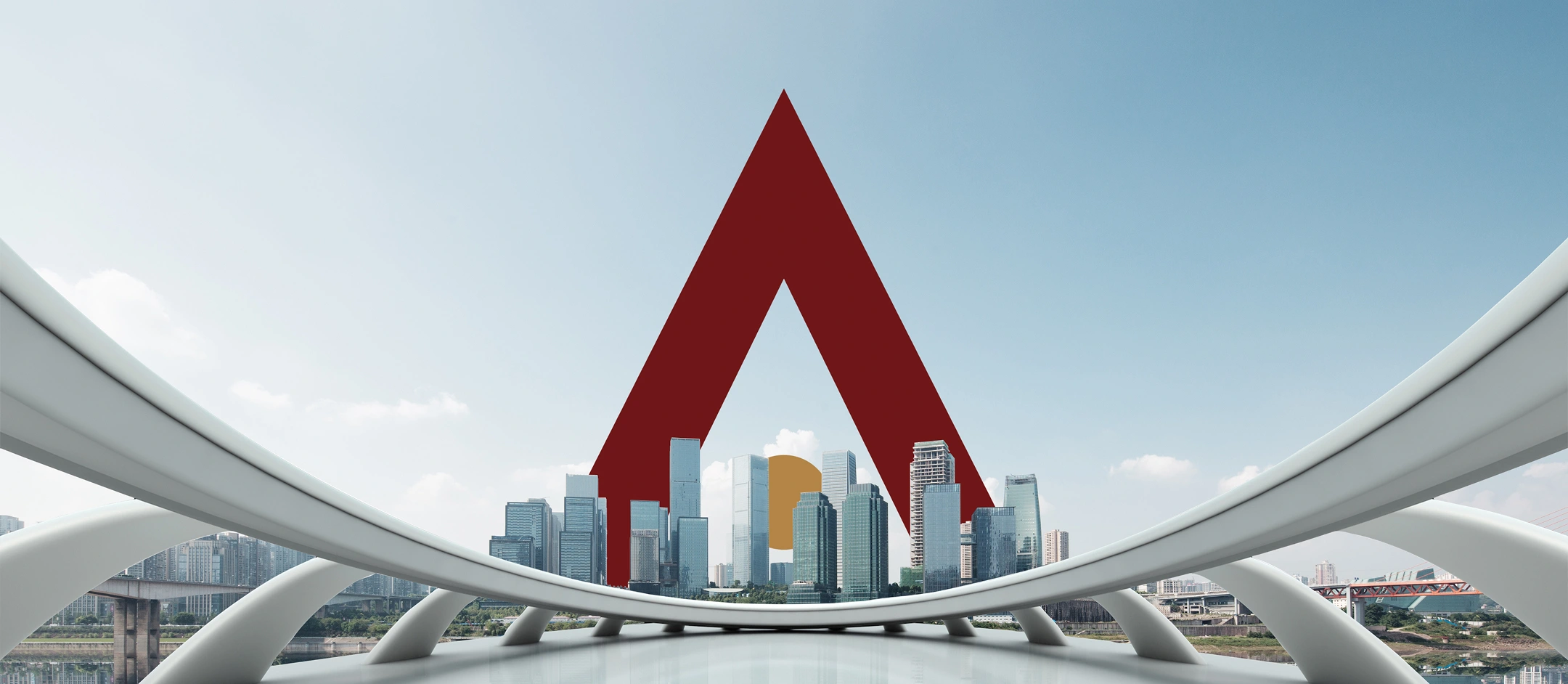 Logo GAYA màu đỏ nổi bật trên nền skyline thành phố hiện đại