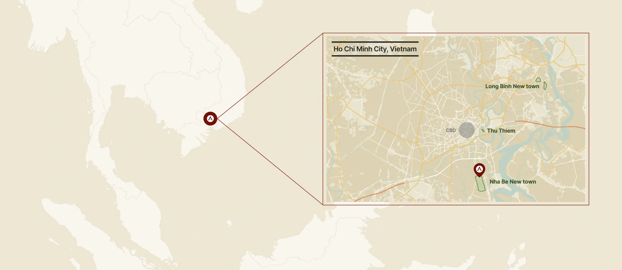 Bản đồ định vị Nha Be New Town so với trung tâm TP.HCM, Thủ Thiêm và Long Bình New Town