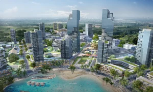 Phối cảnh tổng thể khu đô thị Nha Be New Town với các tòa cao ốc và khu beach club
